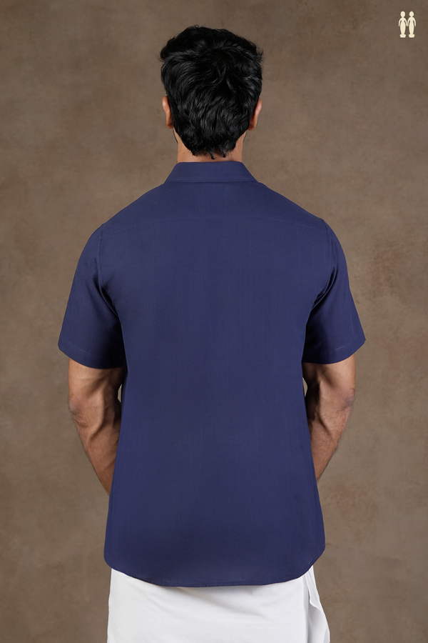 Regular Collar Embroidered Design Oxford Blue Cotton Shirt