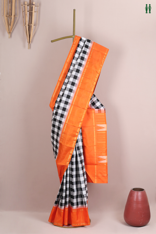 Kanchipuram Silk Saree In Black And White With Checks Design
