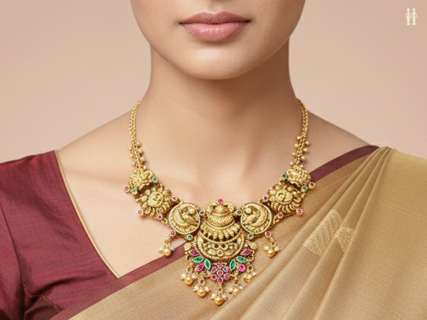 Antique Design With Beads Gold Plated Silver Necklace