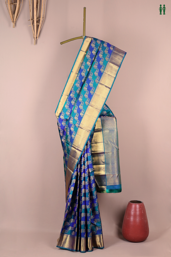 Kanchipuram Silk Saree In Blue And Green With Floral Design
