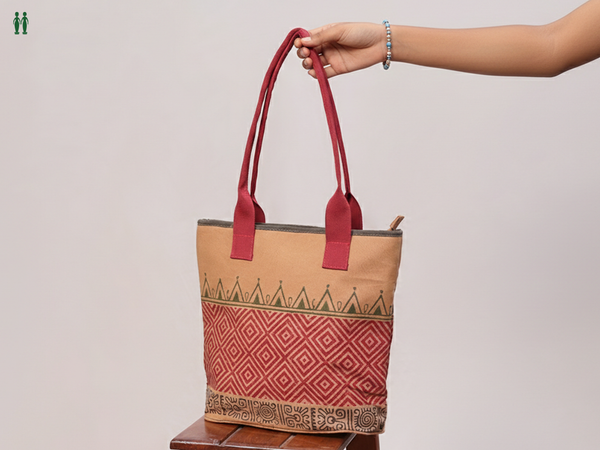 Printed Design Brown Cotton Hand Bag