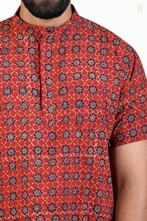 Chinese Collar Printed Design Red Ajrakh Cotton Short Kurta