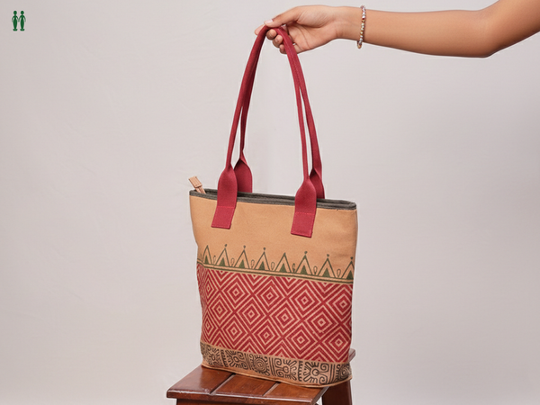 Printed Design Brown Cotton Hand Bag