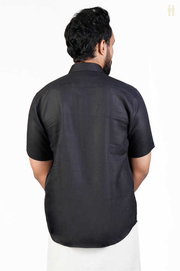 Regular Collar Plain Black Linen Shirt