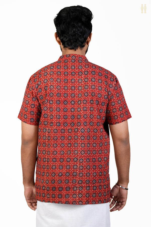 Chinese Collar Printed Design Red Ajrakh Cotton Short Kurta