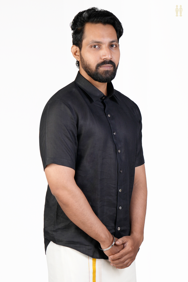 Regular Collar Plain Black Linen Shirt