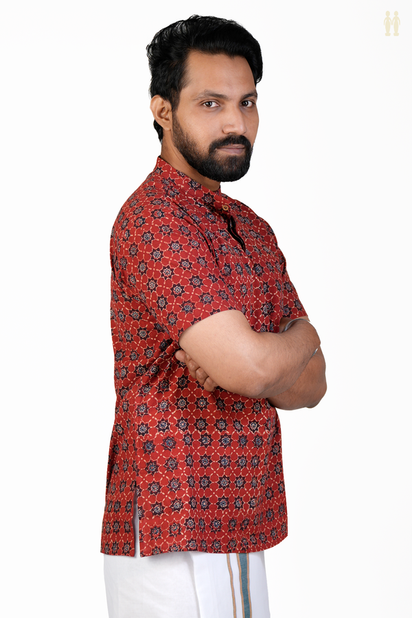 Chinese Collar Printed Design Red Ajrakh Cotton Short Kurta