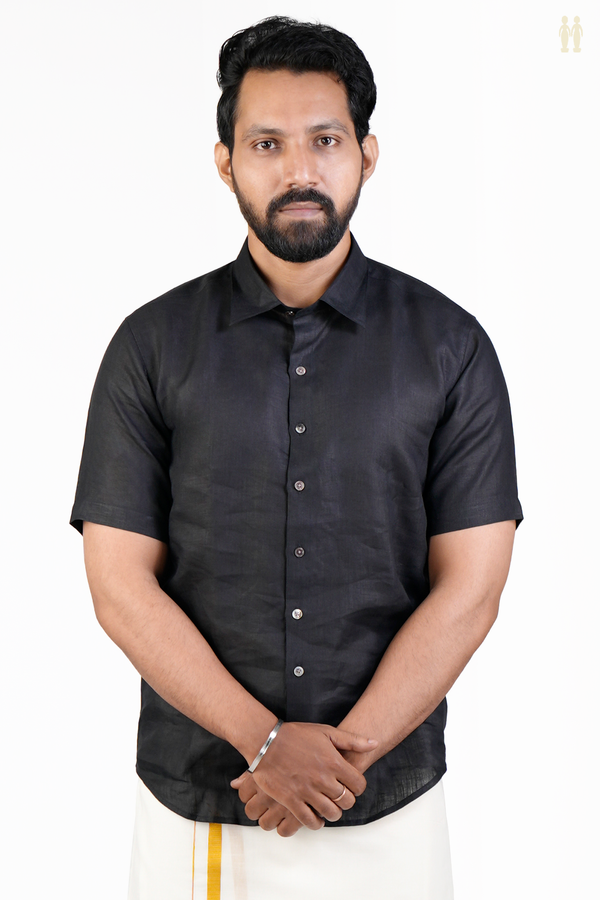 Regular Collar Plain Black Linen Shirt