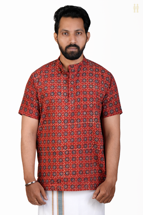 Chinese Collar Printed Design Red Ajrakh Cotton Short Kurta