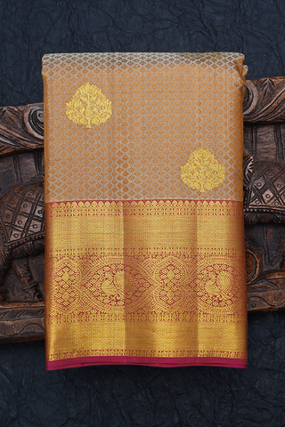 Threadwork With Buttas Khaki Brown Kanchipuram Silk Saree