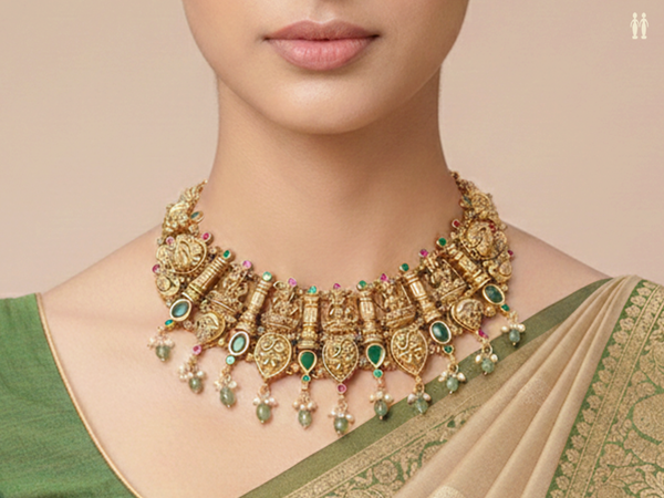 Antique Design With Beads Gold Plated Silver Necklace