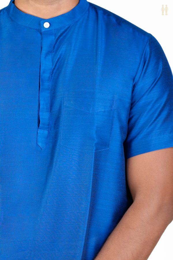 Chinese Collar Plain Blue Semi Raw Silk Short Kurta