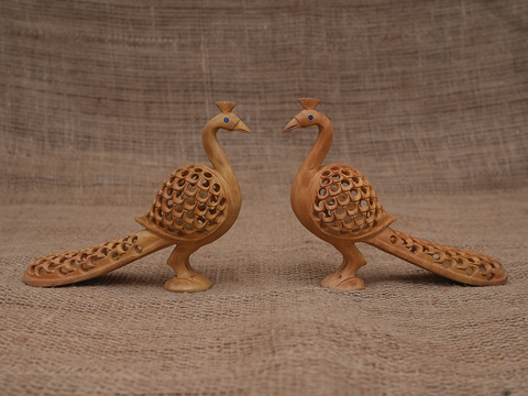 Set Of 2 Wooden Peacock Statue For Home Decor