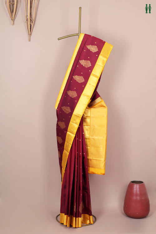 Kanchipuram Silk Saree In Burgundy Red With Floral Buttis