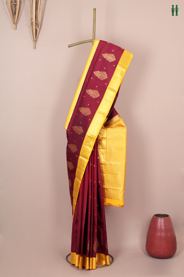 Kanchipuram Silk Saree In Burgundy Red With Floral Buttis