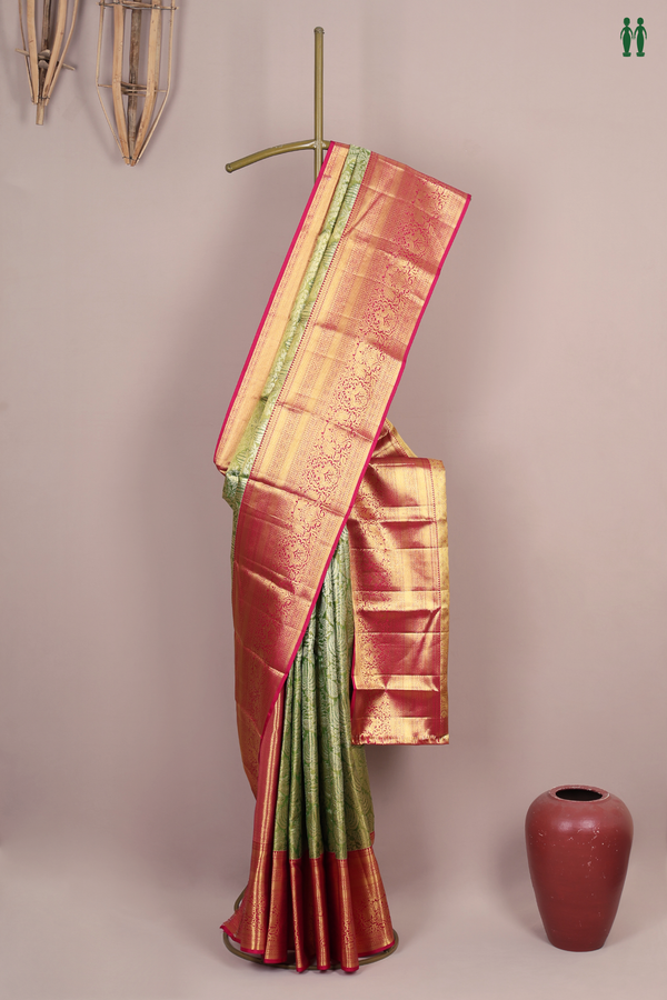 Kanchipuram Silk Saree In Tissue Green With Floral Design
