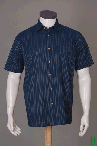 Regular Collar Stripes Design Navy Blue Cotton Shirt