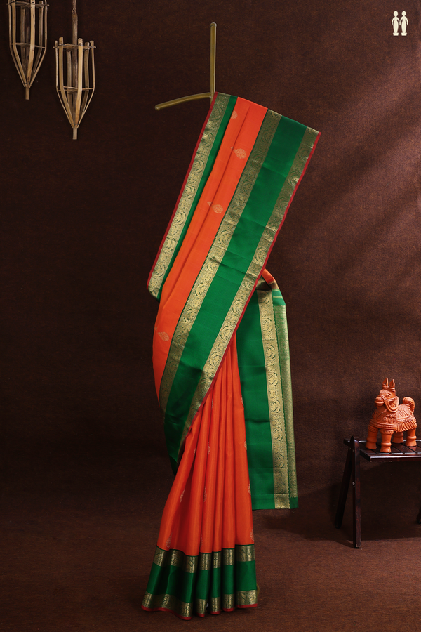 Kanchipuram Silk Saree In Spiced Orange With Floral Motifs