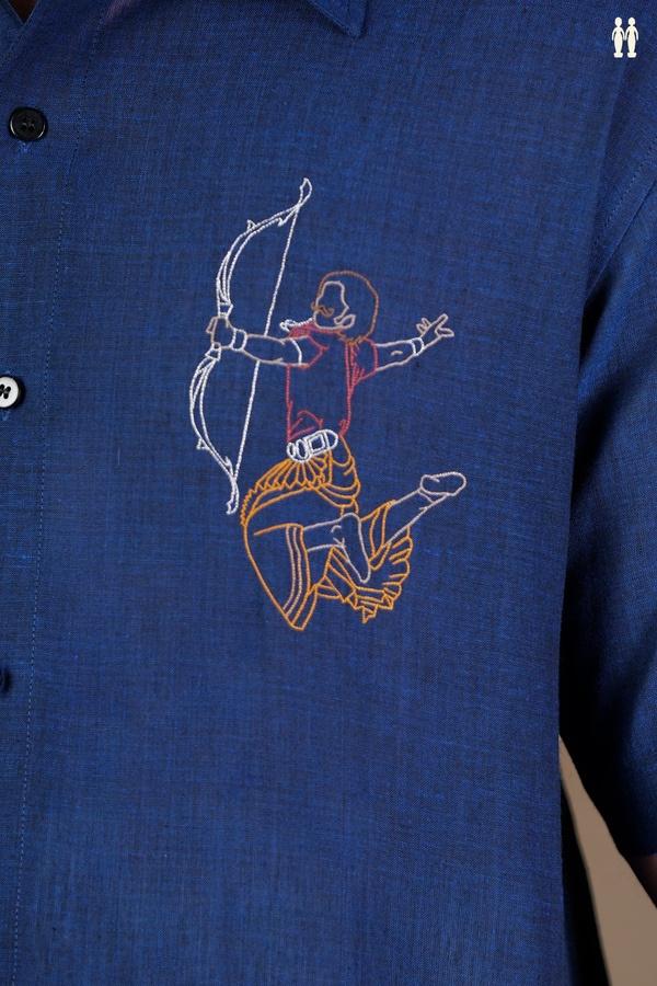 Regular Collar Embroidered Design Oxford Blue Cotton Shirt