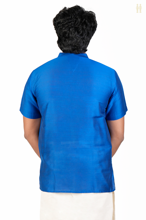 Chinese Collar Plain Blue Semi Raw Silk Short Kurta
