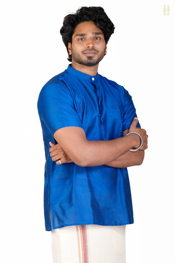 Chinese Collar Plain Blue Semi Raw Silk Short Kurta