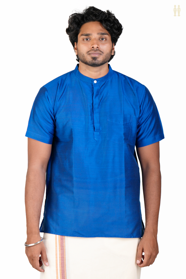 Chinese Collar Plain Blue Semi Raw Silk Short Kurta