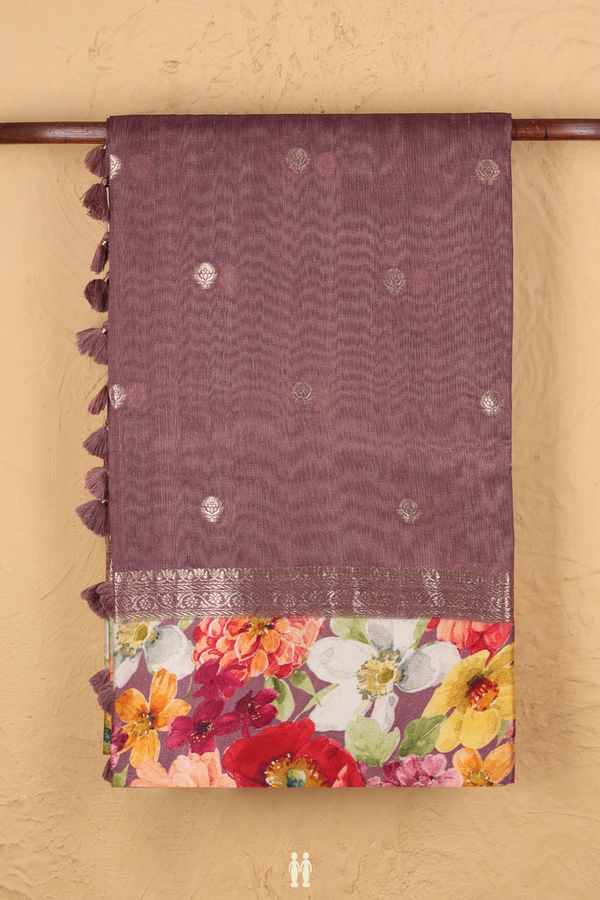 Tussar Silk Saree In Plum Brown With Floral Buttas