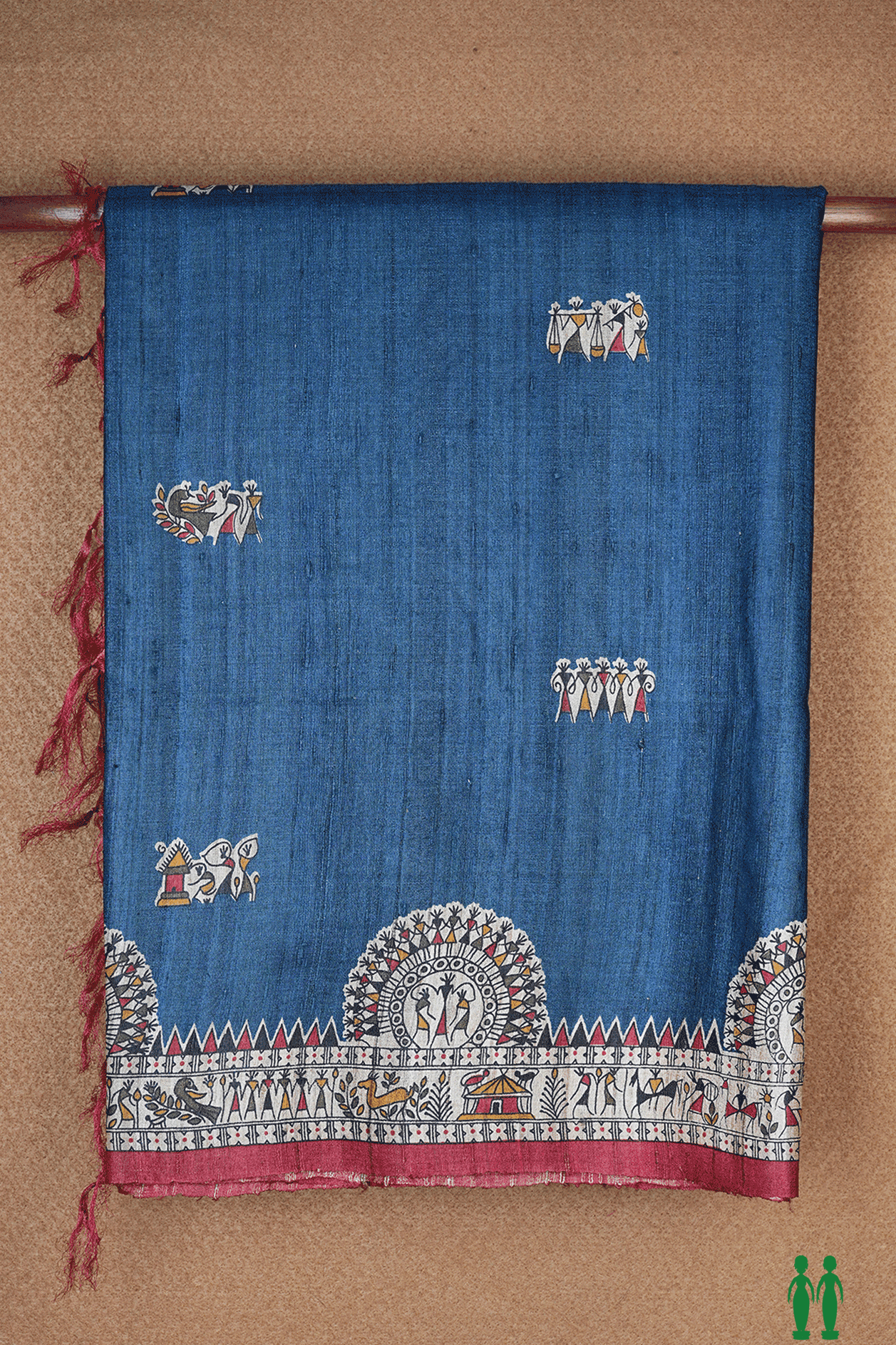Warli Printed Design Prussian Blue Jute Saree