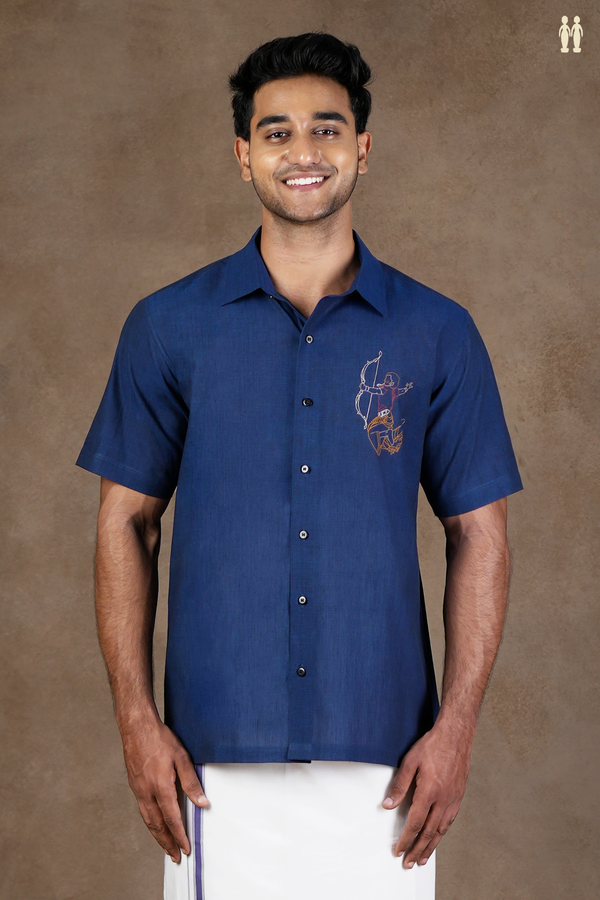 Regular Collar Embroidered Design Oxford Blue Cotton Shirt