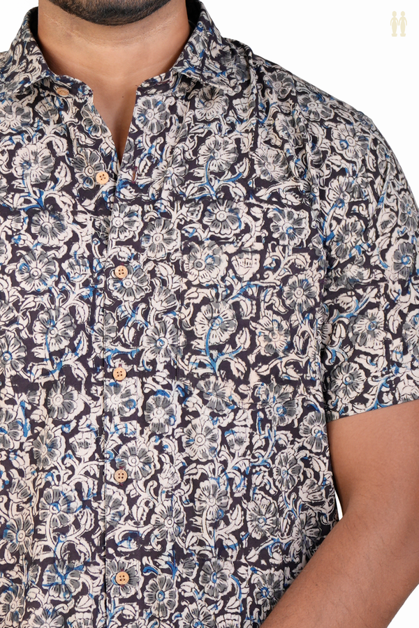 Regular Collar Floral Design Black Kalamkari Cotton Shirt