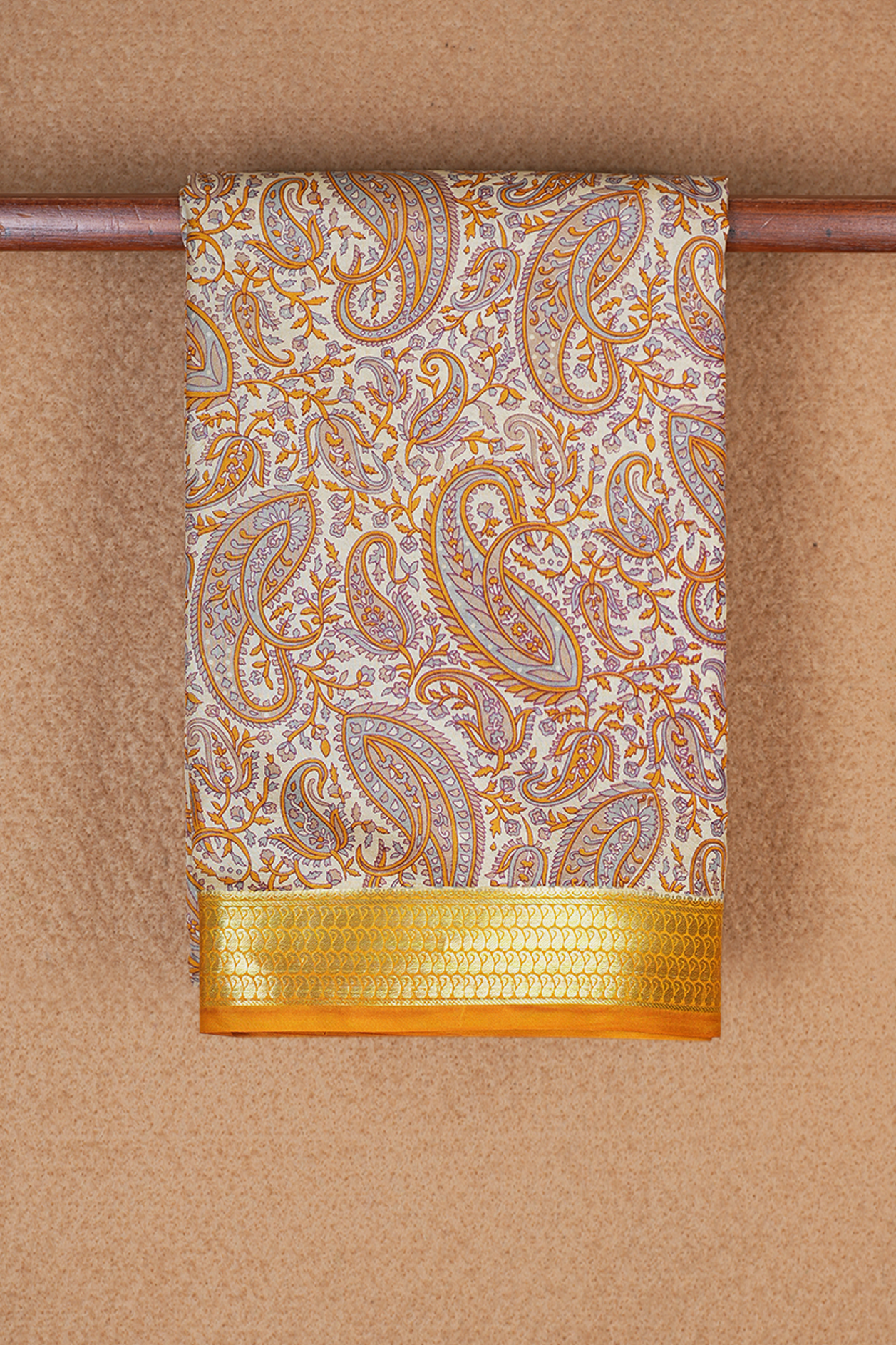 Allover Paisley Design Light Tan Printed Silk Saree