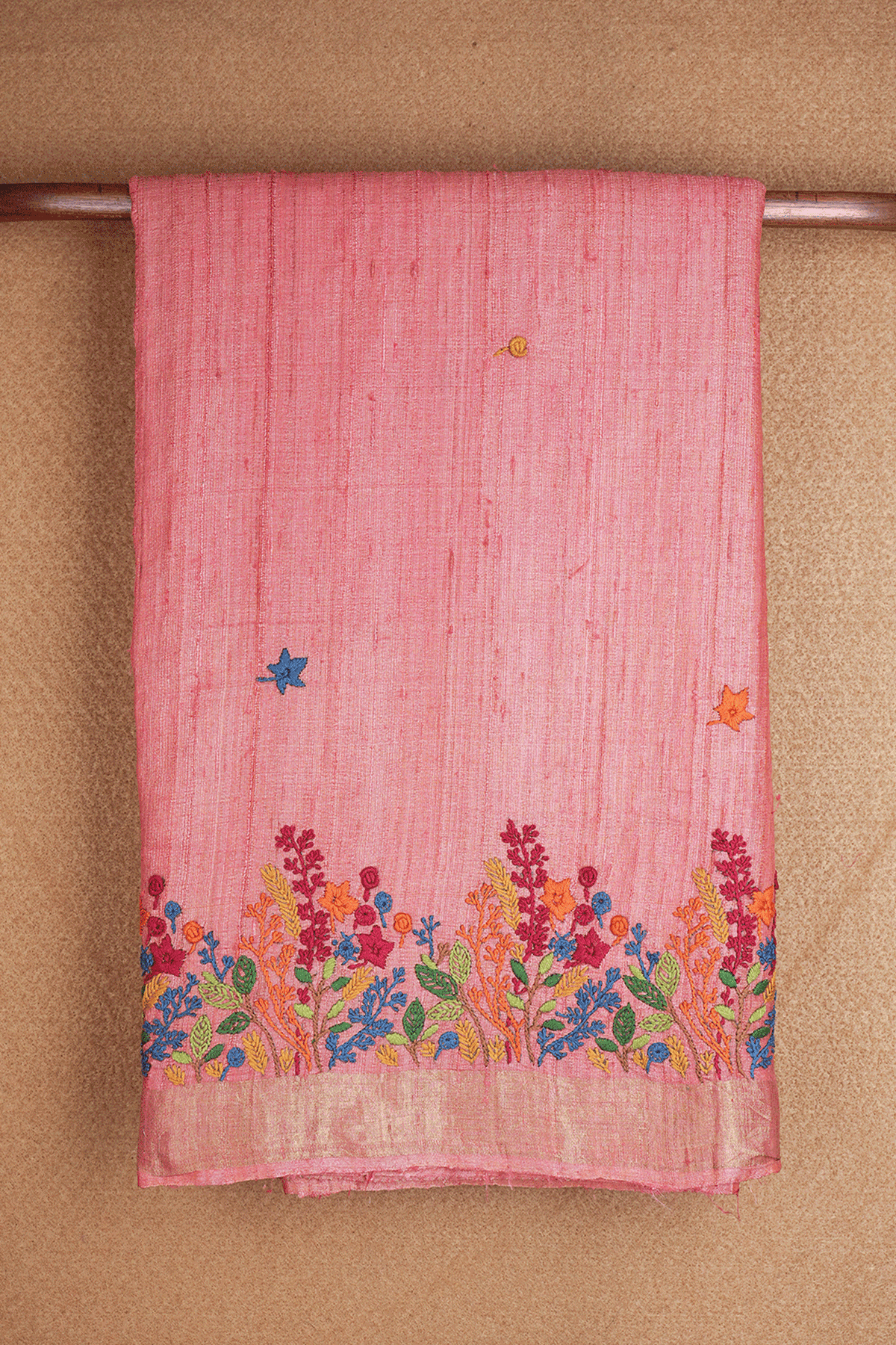 Hand Embroidery Floral Motif Pastel Red Tussar Silk Saree