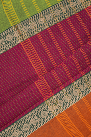 Allover Stripes Design Hibiscus Red Nine Yards Cotton Saree