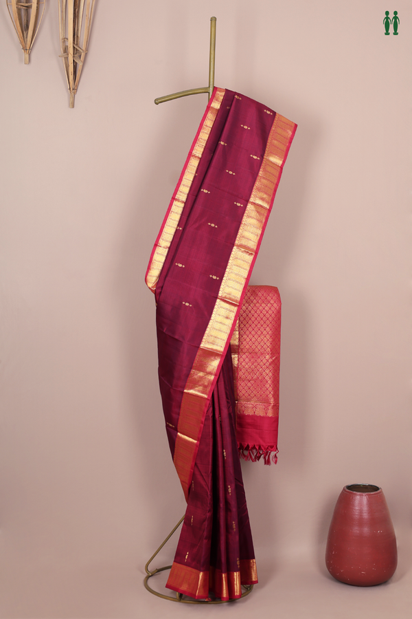 Kanchipuram Silk Saree In Burgundy Red With Zari Buttas