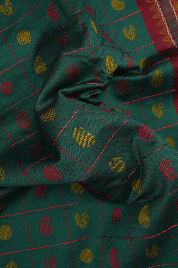 Checks With Buttas Emerald Green Poly Cotton Saree