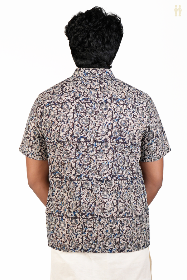 Regular Collar Floral Design Black Kalamkari Cotton Shirt