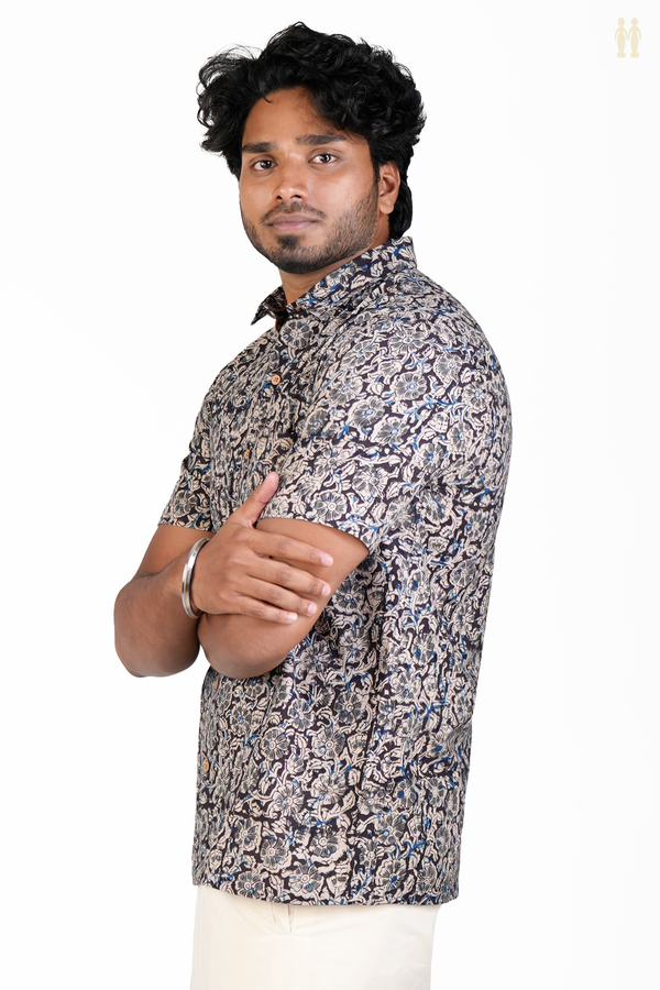 Regular Collar Floral Design Black Kalamkari Cotton Shirt