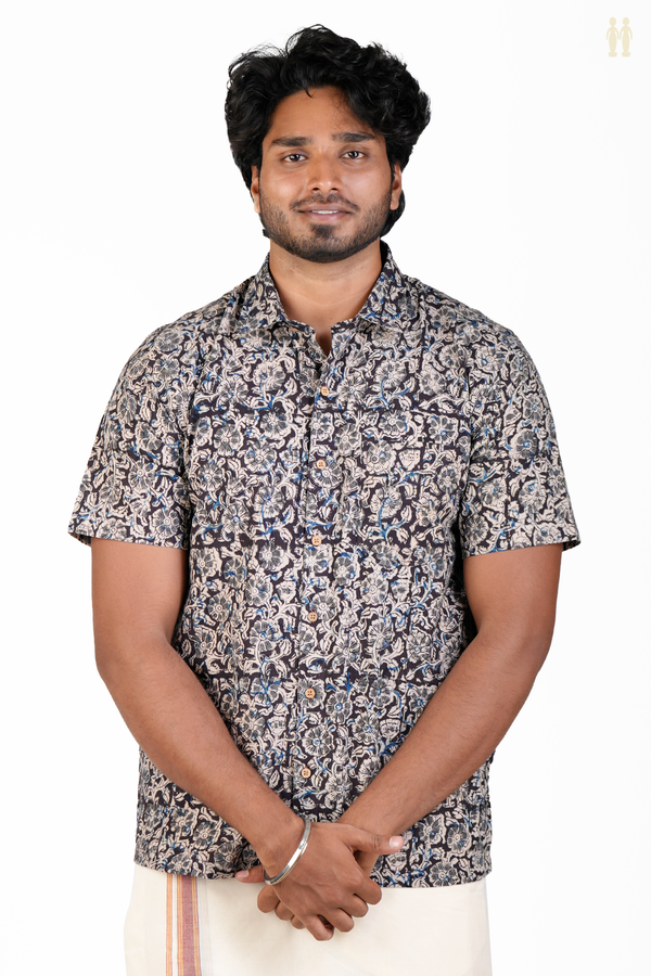 Regular Collar Floral Design Black Kalamkari Cotton Shirt