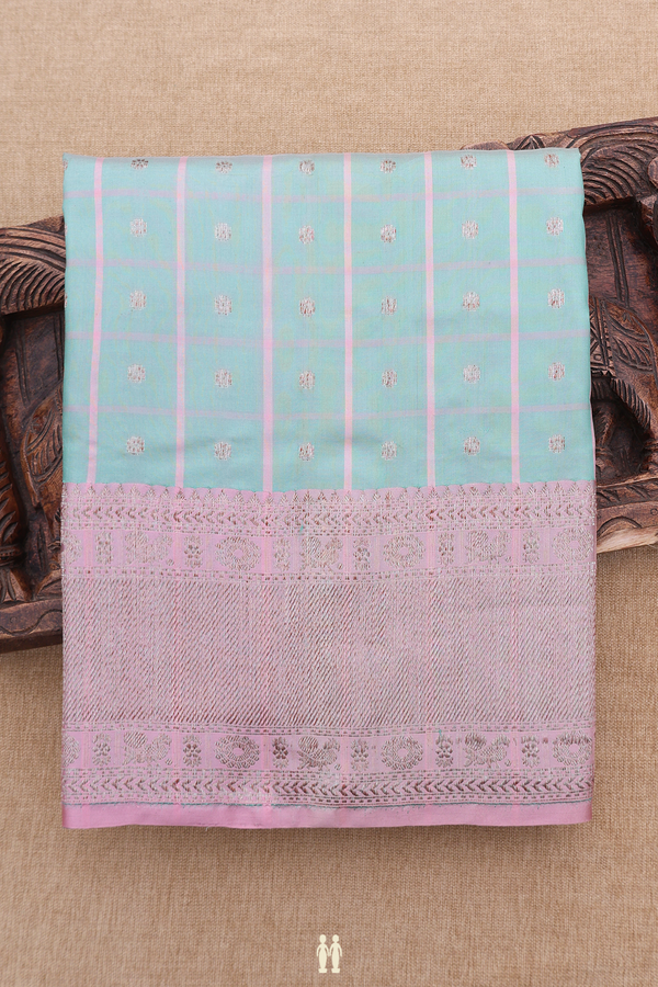 Banarasi Silk Saree In Sage Green With Checks Design