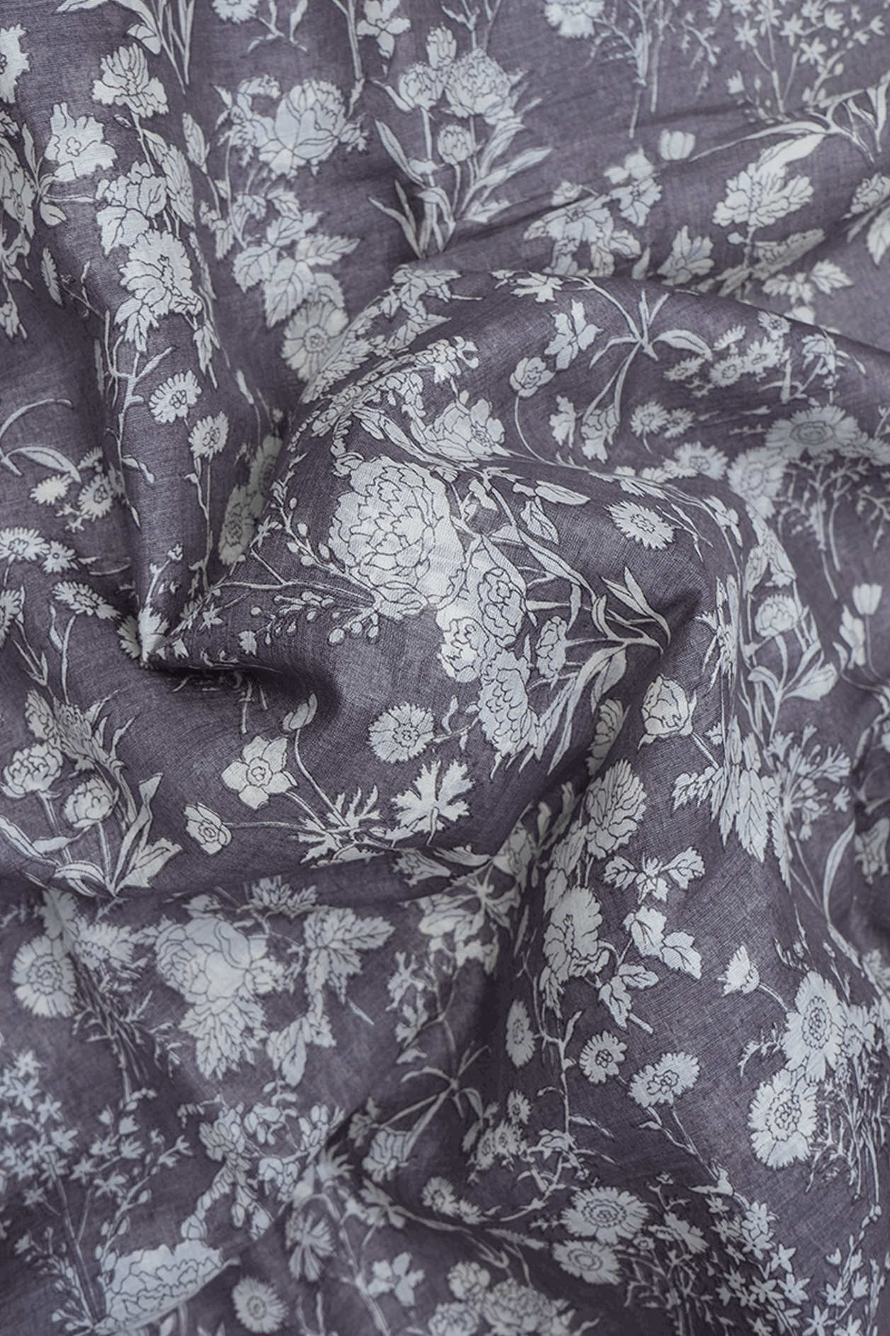 Floral Printed Design Brownish Grey Chanderi Silk Cotton Saree