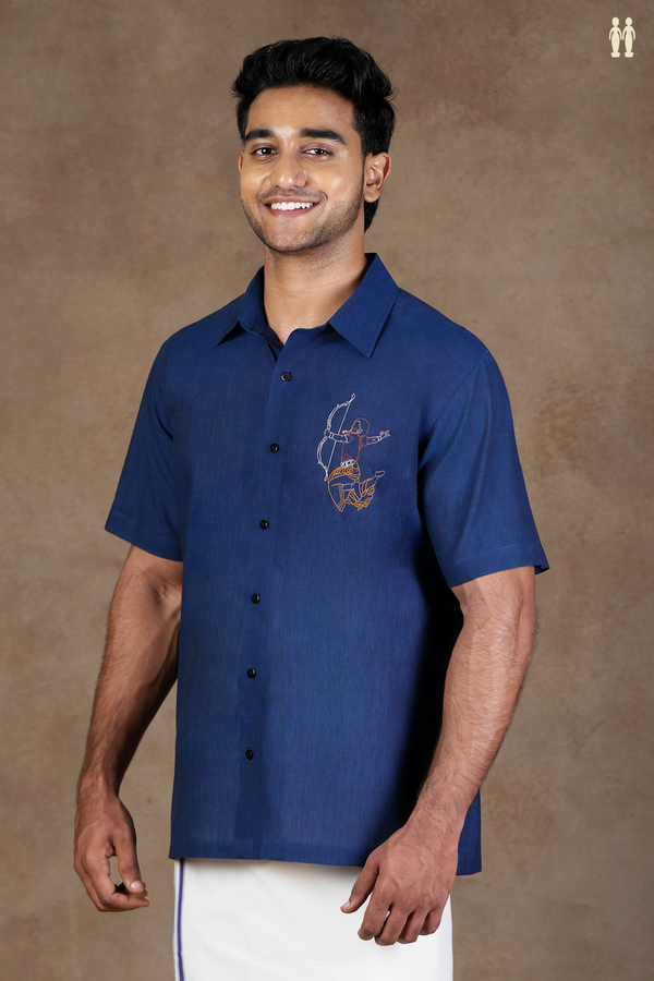Regular Collar Embroidered Design Oxford Blue Cotton Shirt