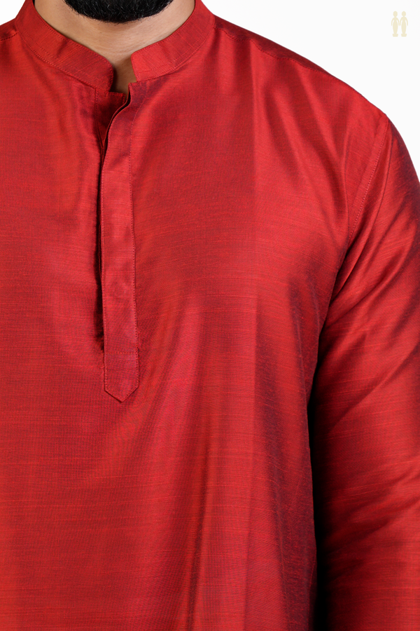 Chinese Collar Plain Red Semi Raw Silk Long Kurta