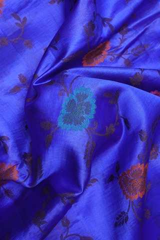 Floral Threadwork Design Indigo Blue Raw Silk Saree