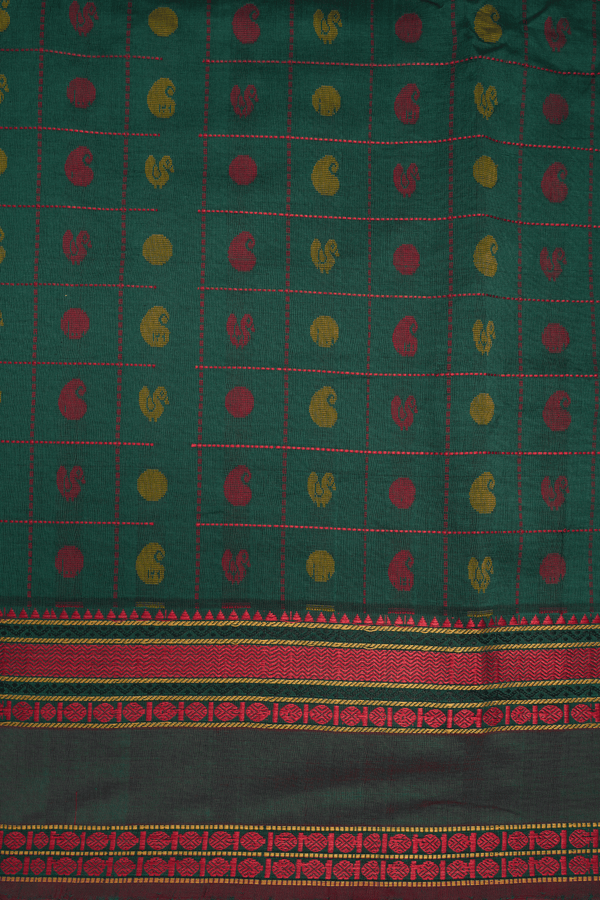 Checks With Buttas Emerald Green Poly Cotton Saree