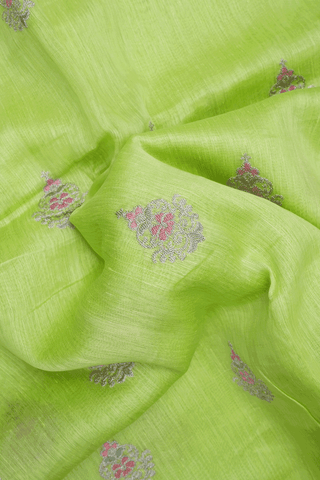 Floral Embroidered Motifs Lime Green Linen Saree
