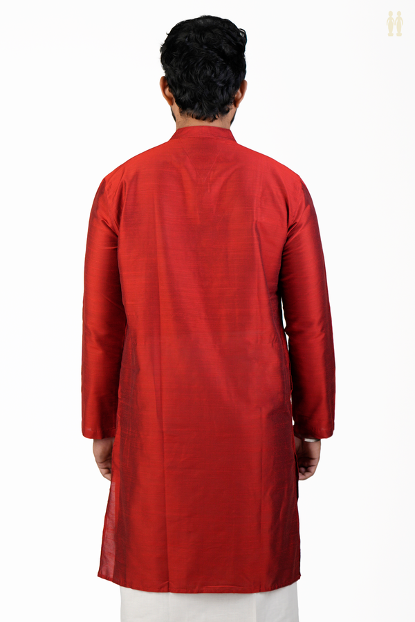 Chinese Collar Plain Red Semi Raw Silk Long Kurta