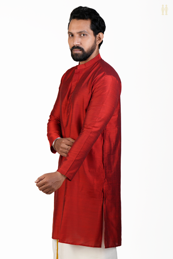 Chinese Collar Plain Red Semi Raw Silk Long Kurta