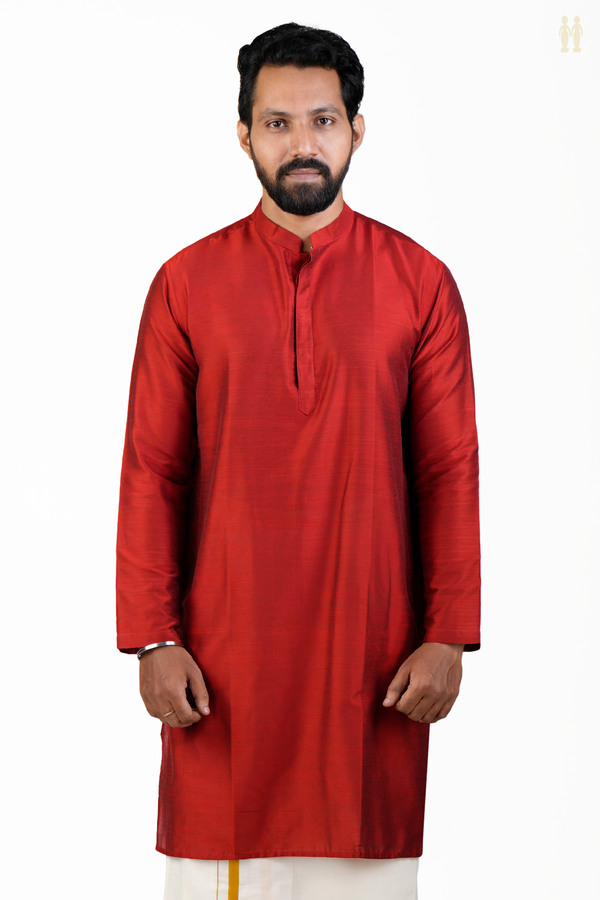 Chinese Collar Plain Red Semi Raw Silk Long Kurta