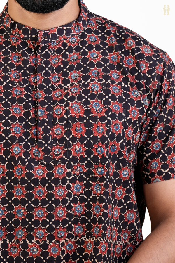 Chinese Collar Printed Design Black Cotton Short Kurta