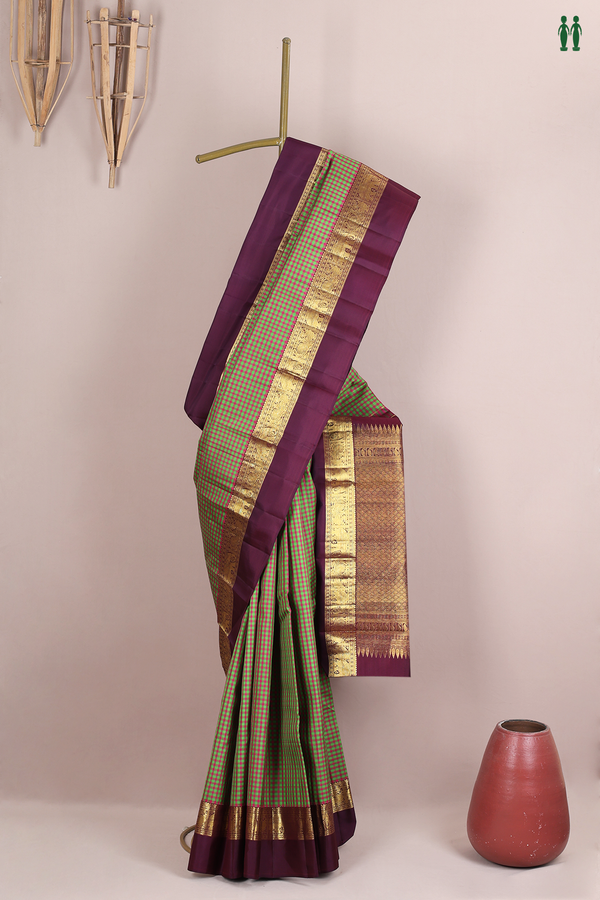 Kanchipuram Silk Saree Purple And Green With Checks Design
